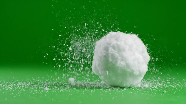 Snowbal impact exploding into white particles against a solid green background for winter season sports activity