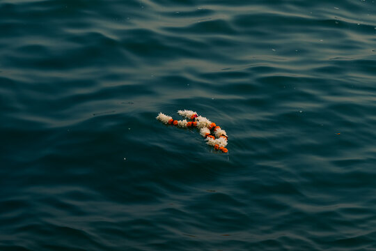 Flower garland floating on the Ganges in Varanasi