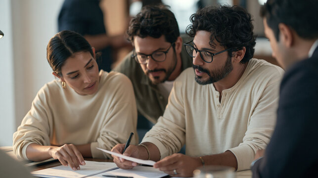 Brazilian real estate notary office scene with a young couple and a solicitor reviewing conveyancing paperwork, title deed transfer documents, property ownership legal process,
