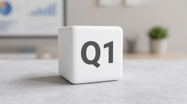 Q1 business quarter cube on office desk, white first quarter financial block, corporate planning and fiscal period concept