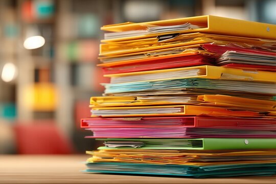 Stack of colorful folders with documents in office
