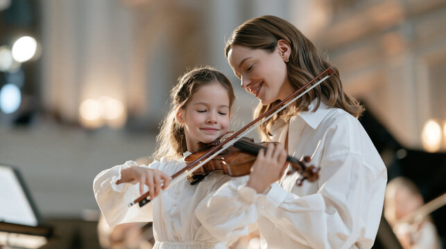 A Ukrainian music teacher accompanies a young violin student through their first public recital, standing just offstage with an encouraging nod as the child bows, depicting