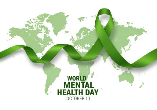 World mental health day ribbon with world map background and awareness message