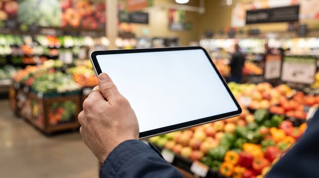Customer holding a blank screen tablet for shopping list app in a grocery store aisle