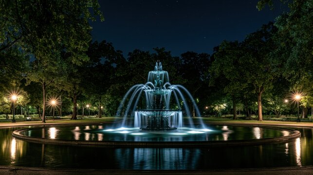 Illuminated water fountain in park at night surrounded by trees with starry sky and soft glowing street lamps reflecting on water surface