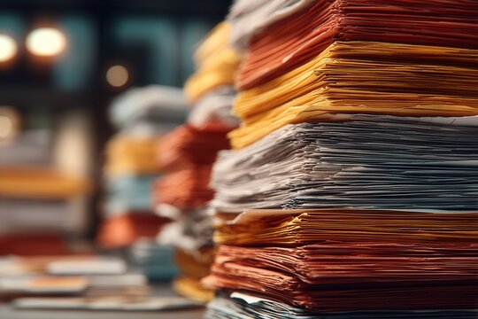 Stack of documents in office with soft bokeh background