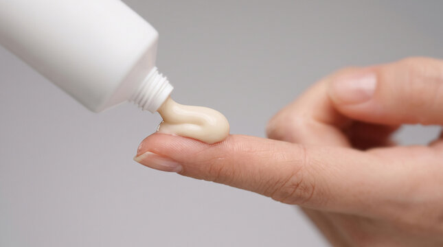 Cream or ointment being squeezed from a white tube onto a finger for skincare or medical use.