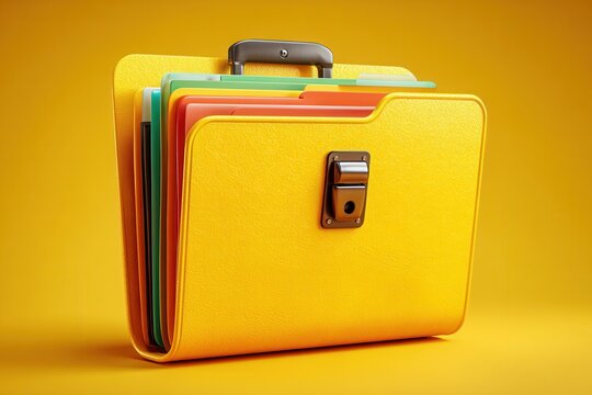 Yellow briefcase with colorful files on yellow background