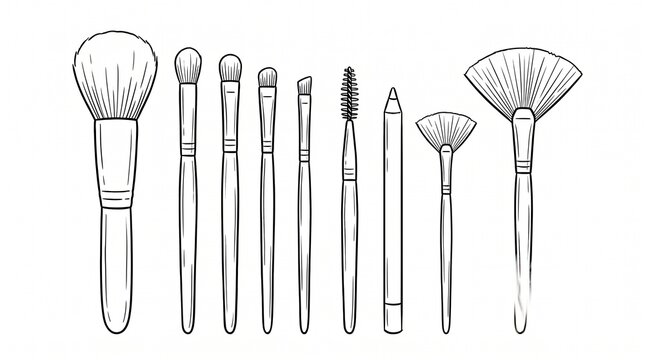 Professional Makeup Brush Set Illustration Line Art Vector Collection with Powder Fan Blending Brushes and Eyeliner Pencil Artwork.