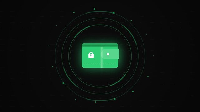 Glowing digital wallet icon with spinning security circles forming animated motion footage for financial technology design