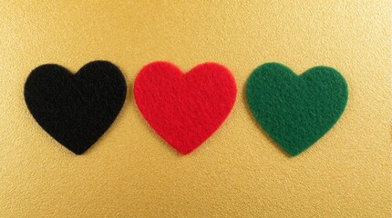 Obraz premium Three hearts black red green on gold background. Simple shapes represent love, passion, harmony. Minimalist graphic for design, symbols, emotions, diverse concepts.
