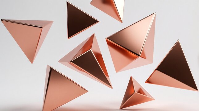 Copper triangles float in space. Geometric metallic shapes create a modern abstract composition. These 3D forms have a shiny reflective surface, ideal for design backgrounds.