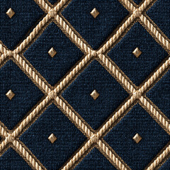 Obraz premium Seamless pattern navy blue fabric creating a diamond pattern, accented with gold twisted rope and small studs, offering a rich texture