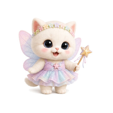 Cute Fairy Kitten With Wings and Magic Wand on White Background