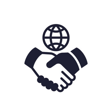 international cooperation icon with handshake and globe
