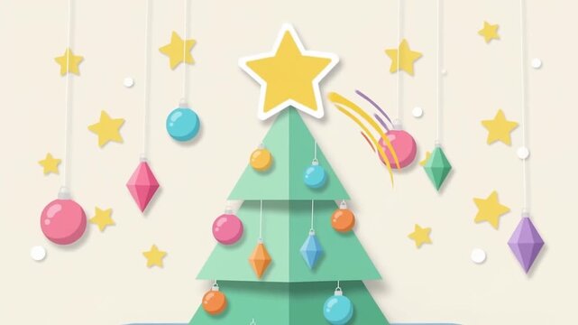 Pastel Christmas tree illustration with hanging stars and ornaments on a cream background