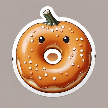 A cute pumpkin-shaped donut covered with orange glaze and tiny sprinkles, adorable smiling face, cozy fall bakery aesthetic, kawaii food sticker