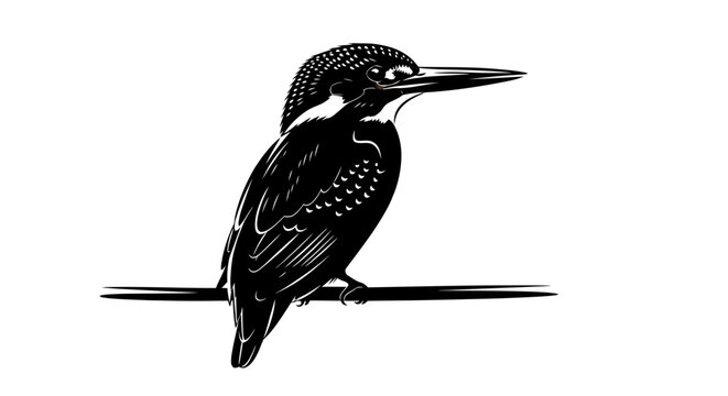 Vintage kingfisher bird vector illustration. Black and white woodcut style kingfisher perched on a branch. Hand drawn avian wildlife graphic.