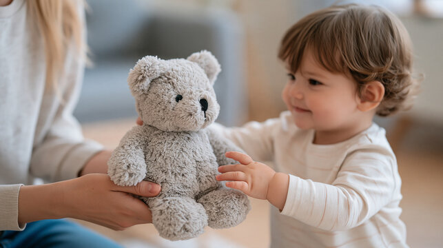 Close up of a therapist's hands presenting a weighted stuffed animal to a small child reaching upward, pediatric occupational therapy session, sensory diet tool, calming heavy