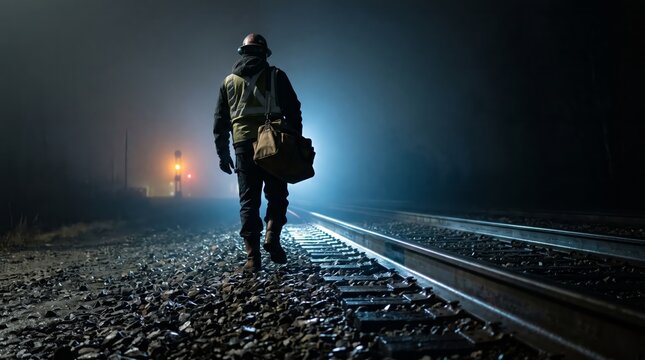 A railway worker walks along tracks at night, illuminated by blue light. Concept includes transportation, night work, railroad safety, suitable for industrial and safety campaigns. Generative AI.