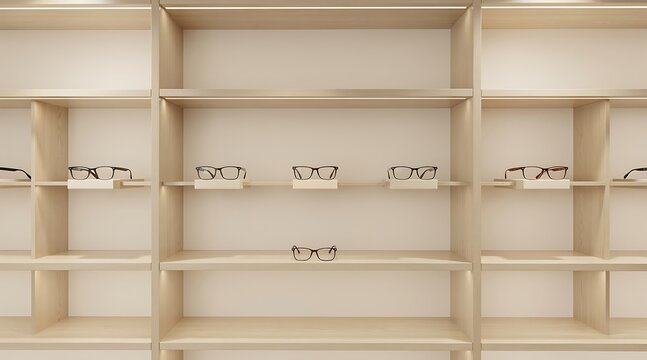 Empty Light Wood Retail Store Display Shelves with Brackets.