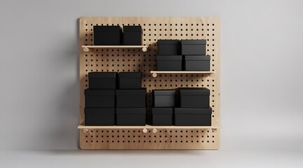 Obraz premium Black empty boxes organized on perforated wooden shelf.