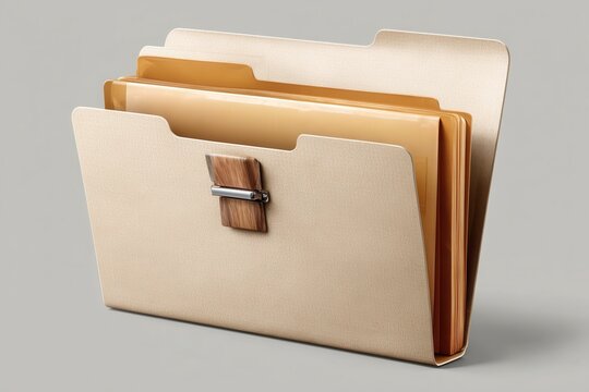 Beige folder with documents and wooden clasp on gray background