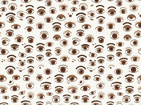 Seamless Pattern of Various Hand-Drawn Brown Eyes on White Background