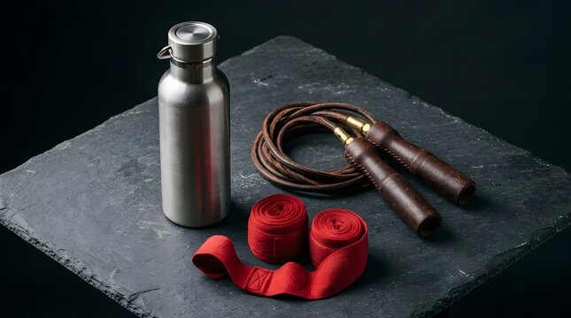 Boxing equipment for training including red hand wraps jump rope and metal bottle.