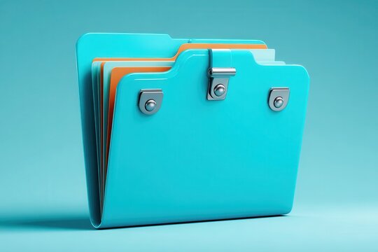 Blue file folder with metal clasp and paper inserts