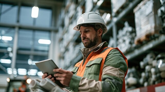 Industrial engineer wearing a hard hat examines digital project specifications on a tablet inside a factory.