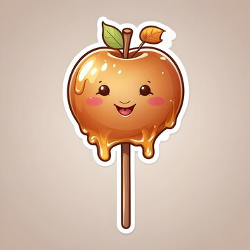 A cute shiny caramel apple on a wooden stick, caramel dripping slightly, adorable happy face, tiny autumn leaf accent, kawaii food sticker