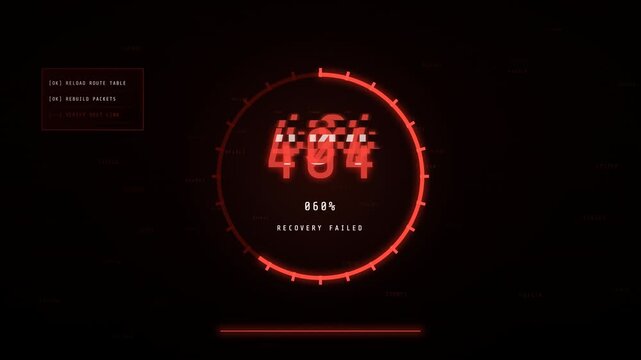 Futuristic digital interface showing 404 error with glitch effect and system recovery failure animation.