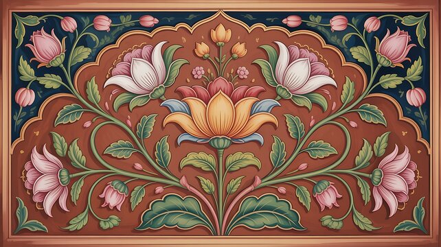 Mughal art traditional ethic border flolar motif and botanical vintage flower banch pastel background. with copy space image. Place for adding text or design
