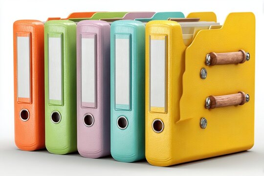 Colorful file binders organized in a row on white background