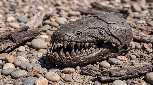 Prehistoric Fossil Discovery Concept Featuring Sharp Toothed Armored Fish Skull on Gravel Shore