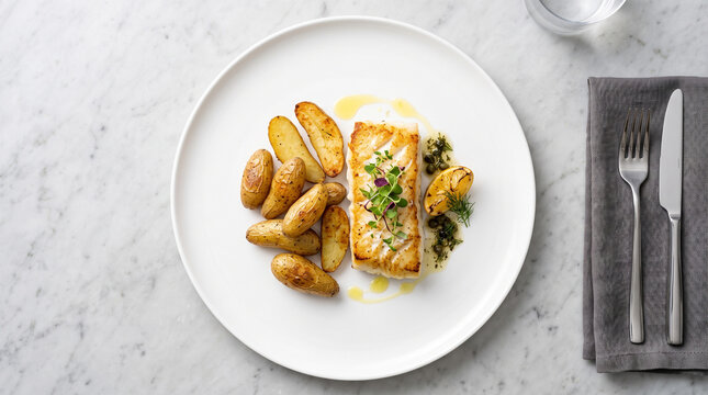 Elegant pan-seared white fish fillet served with roasted fingerling potatoes and caper sauce on a white plate over marble.