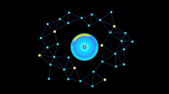 Information network nodes rotating around a digital core with a pre-keyed invisible background for futuristic technology marketing