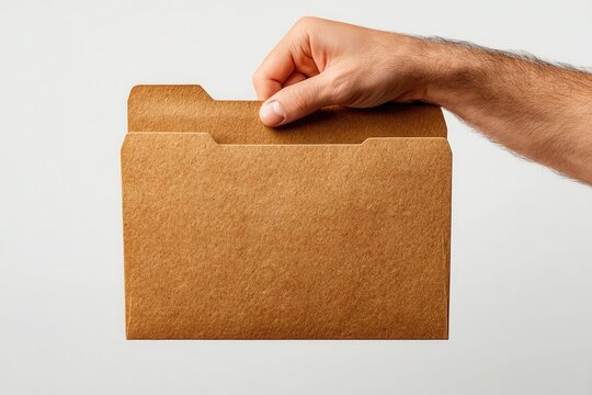 Hand holding brown paper folder against white background