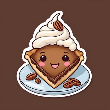 A cute slice of glossy pecan pie with caramelized pecans, tiny whipped cream topping, adorable happy face, cozy Thanksgiving dessert aesthetic, kawaii food sticker
