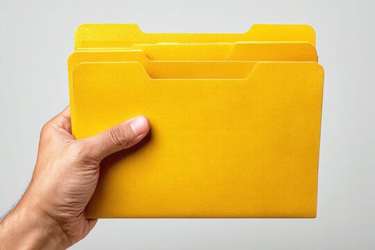 Hand holding yellow file folders on white background