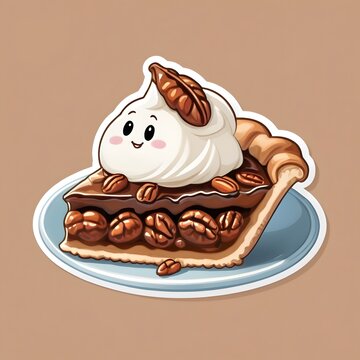 A cute slice of glossy pecan pie with caramelized pecans, tiny whipped cream topping, adorable happy face, cozy Thanksgiving dessert aesthetic, kawaii food sticker