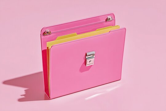 Pink briefcase with yellow folders on pink background