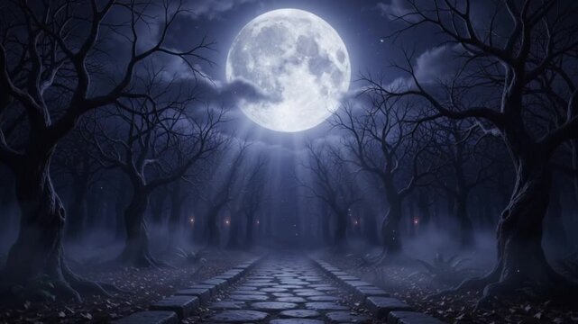 A mystical stone path leading through a dark foggy forest under a bright glowing full moon at night