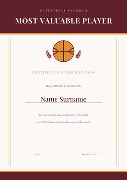 Basketball MVP certificate template most valuable player award blank portrait