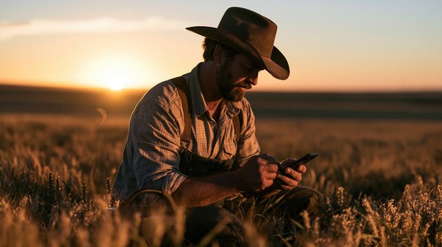 Farmer wearing a cowboy hat checks his smartphone while kneeling in a wheat field during sunset.