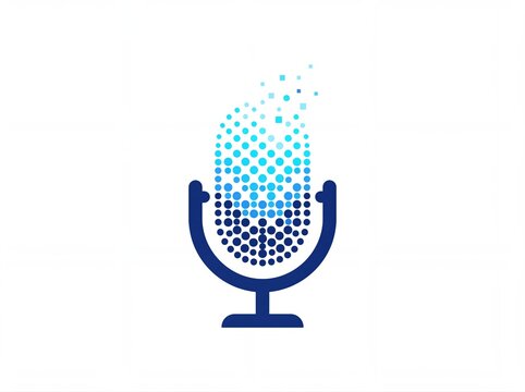 Digital microphone icon with blue halftone pixelated effect for podcast and audio branding.