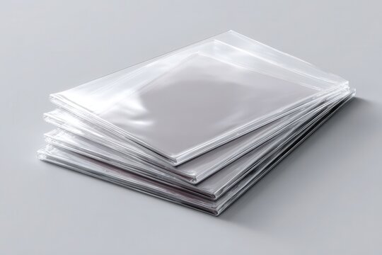 Stack of clear plastic document sleeves on gray surface