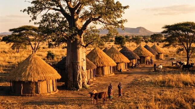 Traditional African village with baobab trees and huts at sunset