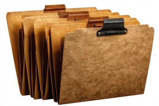 Vintage file folders stacked on white background studio shot